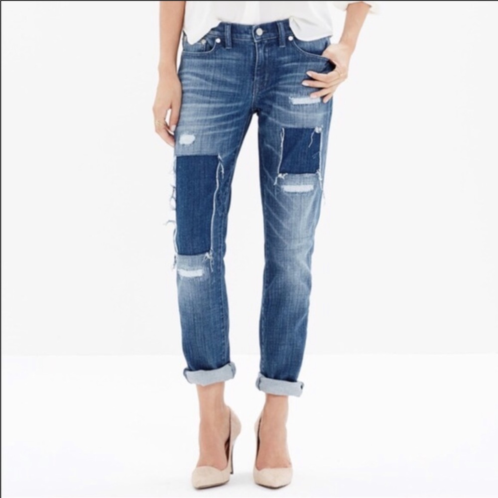 EUC Madewell Patchwork Distressed Slim Boyjean
